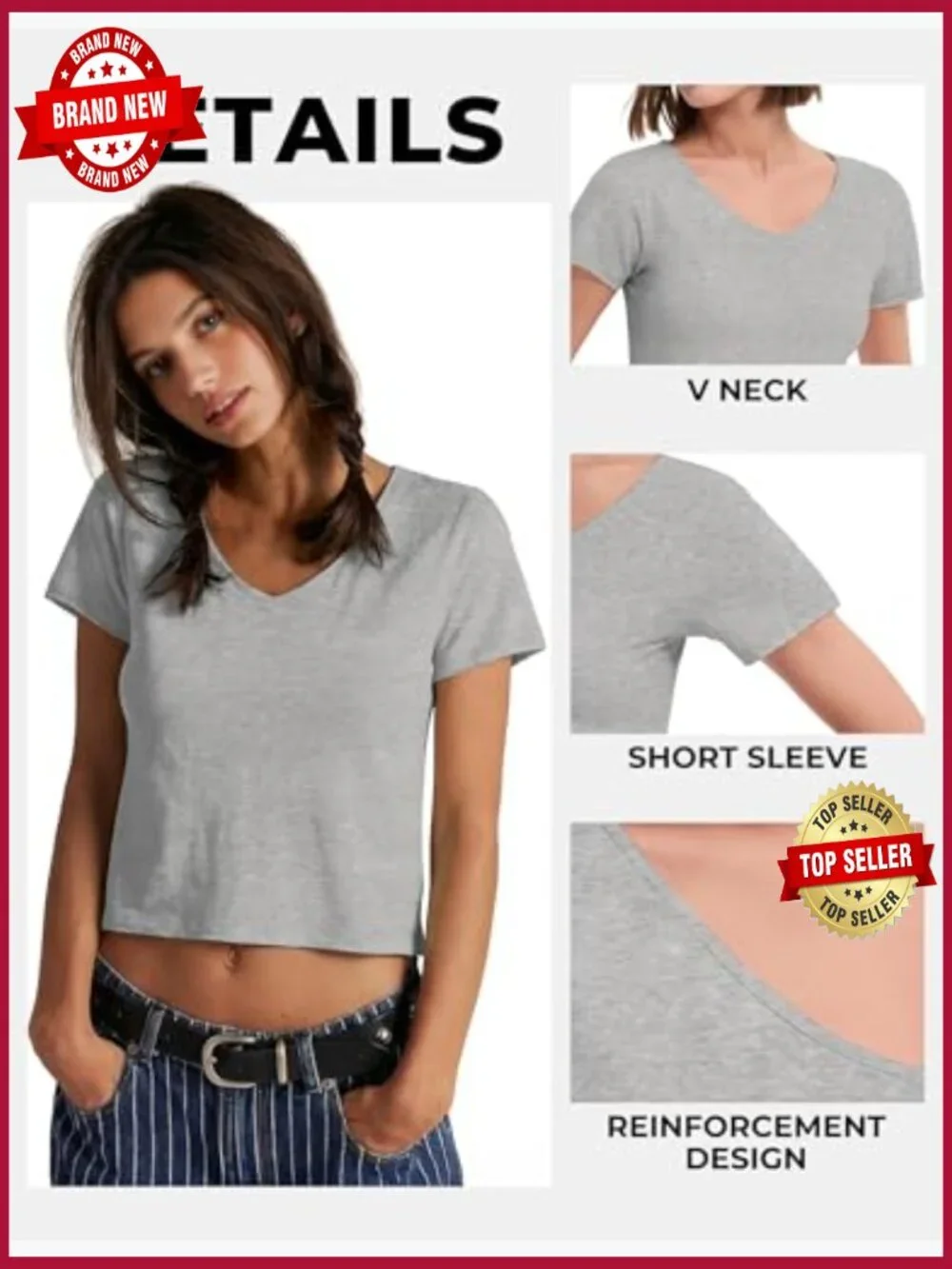 3 Pack V Neck Crop Tops Slub Cotton Short Sleeve Tee Summer Fashion Basic T_3